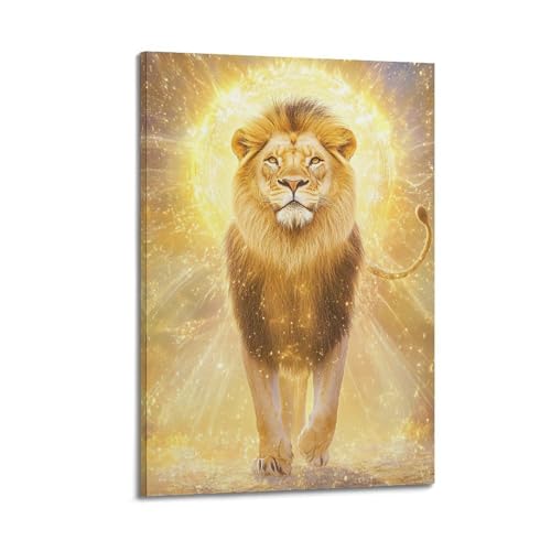 Poster lion doré décoration murale moderne : tableau sur toile 20 x 30 cm cadre