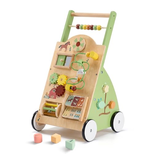 Image of DUMOS Wooden Baby Push Walker, Montessori Activity Toys with Adjustable Speed for 1 Year Old, Silent Rubber Wheels, Green