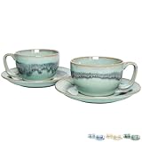 Bosmarlin Ceramic Cappuccino Cup and Saucer Set of 2, 10 Oz, Dishwasher and Microwave Safe, Coffee Cups for Latte, Espresso, Tea, Reavtive Glaze (Turquoise Green Light, 10 Oz)