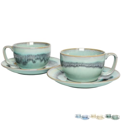 Bosmarlin Ceramic Cappuccino Cup and Saucer Set of 2, 10 Oz, Dishwasher and Microwave Safe, Coffee Cups for Latte, Espresso, Tea, Reavtive Glaze (Turquoise Green Light, 10 Oz)