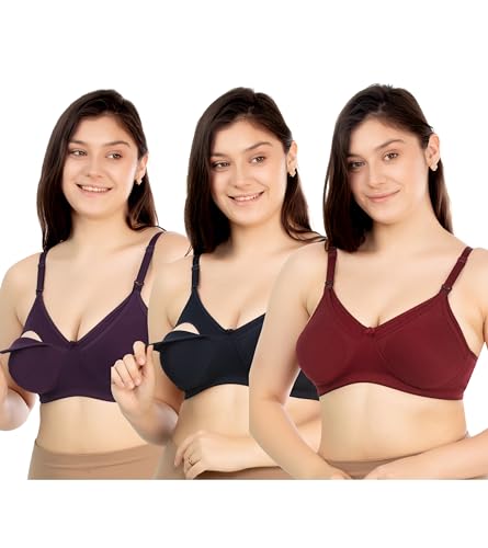 Image of RITIJYA Women's Cotton Multicolor Full Cup Soft Padded Feeding Bra /Nursing Bra /Maternity Bra Combo - Pack of 3