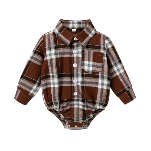 Image of HAPPYMA Newborn Baby Boy Girls Plaid Outfit Flannel Romper Tops Infant Long Sleeve Button Down Plaid Casual Bodysuit Clothes