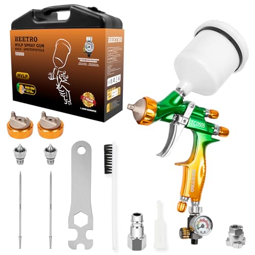 BEETRO HVLP Professionelle Luftspritzpistole mit Schwerkraftzufuhr, 280-320mm breites Spritzbild 1,3/1,4mm Düse mit Luftregelventil, 600ml Inhalt 14CFM 29psi, 1/4 Adapter und Filter