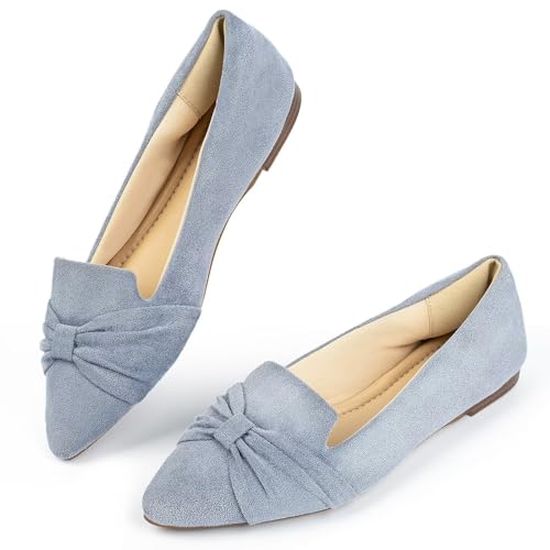 MUSSHOE Flat Shoes Women Comfortable Pointed Toe Slip on Women's Flats,Gray Suede 10