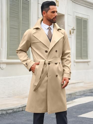 Image of Runcati Mens Trench Coat Double Breasted Notched Lapel Casual Belted Windbreaker Fall Classic Long Jacket Overcoat