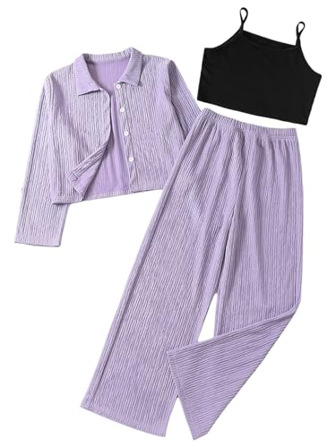 Kids Girls 3 Piece Sports Set Long Sleeve Button Down Top Camisole Cropped Vest and Pants Set