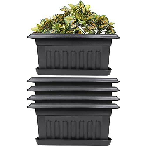 Livzing 16 Inch Plastic Rectangle Window Flower Pot with Drain Tray Set – Heavy Duty Highly Durable Plant Container Gamla for Indoor Home Decor & Outdoor Balcony Garden(Pack of 5, Black)