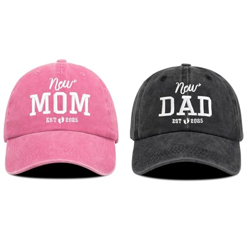 Mom and Dad Hats Est 2025 New Parents Gifts for Couples Embroidered Baseball Mama Hat Fathers Day Baseball Caps (Black Dad & Pink Mom)