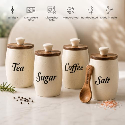 Image of Ceramic Tea Coffee Sugar Salt Containers Set of 4 with Wooden Spoons & Lids | Jar & Container for Kitchen Storage Set | Multi Utility Air Tight Kitchen Organizer Item (Hand-Painted, 400 ML)