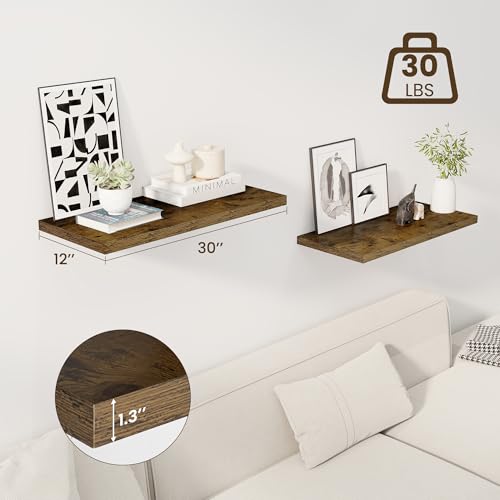 Image of Dreamland 30 inch Floating Shelves for Wall, 12 inch Deep Slim Rustic Brown Floating Shelves, Wall-Mounted Shelves for Bedroom, Living Room, Kitchen, Bathroom - Set of 2