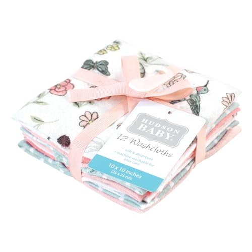 Image of Hudson Baby Unisex Baby Flannel Cotton Poly Washcloths, Hummingbird Garden 12 Pack, One Size