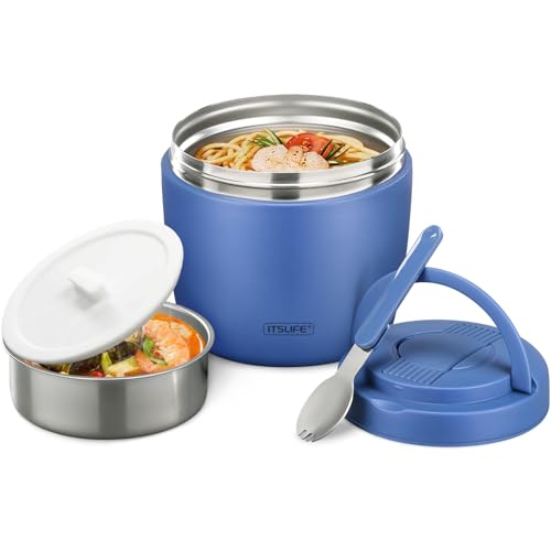 Image of Itslife 32oz Insulated Soup Thermo, Vacuum Stainless Steel Food Jar for Hot & Cold Food, Leakproof Wide Mouth Lunch Container with Spoon (Blue)