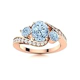 Stone Grade - Excellent Aquamarine Three Stone Ring With Side Accents  Sterling Silver 925 With 14Kt Rose Gold Plated  Beautiful Three Stone Design Ring For Woman\'s (Rose, 53 (16.9))