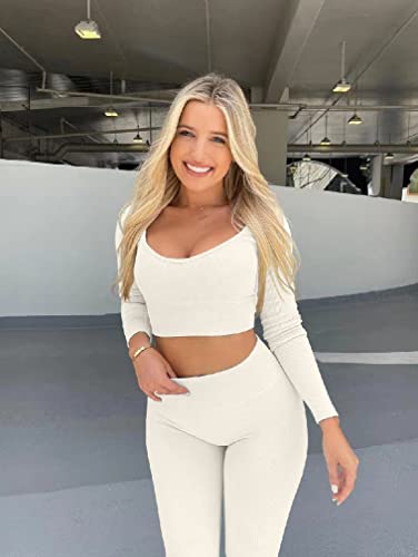 Oqq Women's 2 Piece Crop Top Ribbed Seamless Workout Exercise Yoga Basic Long Sleeve, Beige, Medium #TOP1