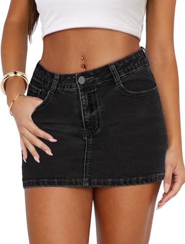 IWD Denim Mini Skirt Women Casual Stretch Jean Skirt Zip Fly Low Waisted Denim Skirt with Pockets...