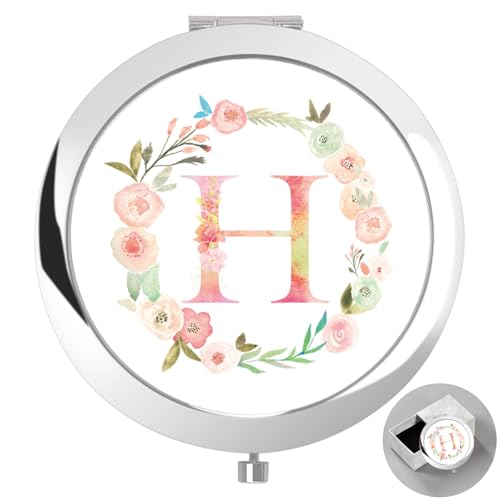 Personalized Gift Initial Compact Mirror w Box for Women Sister (H, SILVER)