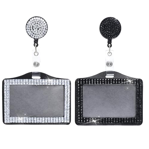2 Pcs Bling ID Badge Holder, Horizontal Badge Holder Retractable Crystal Neck Lanyard Rhinestone Name Badges Portable Rhinestone Work Badges Reel Clip for Office Business Home Black White