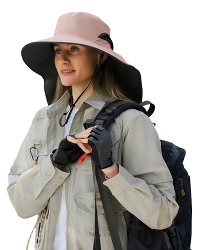 Peicees Women Men Wide Brim Sun Hat UPF50+ UV Protection Waterproof Foladable Hiking Fishing Gardening Hats with Large Neck Flap, Pink