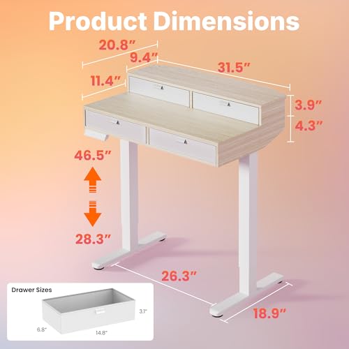Image of HUANUO 32 X 20 inch Electric Standing Desk with 4 Drawers, Adjustable Height Sit Stand Home Office Desk, C-Clamp Mount Compatible, Ergonomic Stand up Desk with 4 Preset Heights, Natural