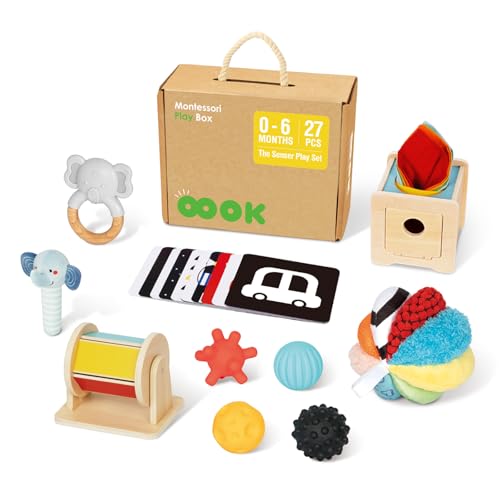 Image of OOOK Montessori Toys 0-6 Months, Montessori Toy Set, 7 in 1 Newborn Baby Toys with Spinning Drum, Tissue Box Toy, Sensory Balls, Contrast Cards and More