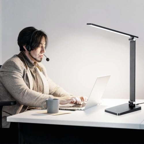 Image of LED Desk Lamp for Home Office, 3 Levels Dimmable Desk Light with USB Charging Port, Small Study Lamp, Reading Light for Table, Black, 5000K