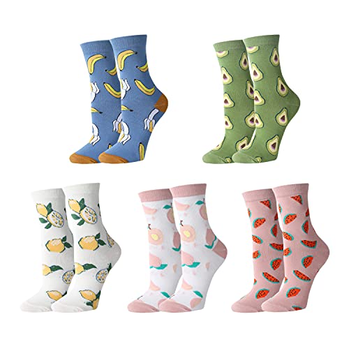 Womens Gils Novelty Funny Funky Crew Socks Colorful Crazy Cute Floral Animal Food Patterned Cotton Dress Socks Gifts,5 Pair Fruit(Avocado Banana Peach Lemon Watermelon)