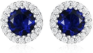 Diamond Treats 925 STERLING SILVER Earrings with White CZ, Sapphire, Emerald or Ruby Simulated Centre & FLAWLESS Cubic Zirconia. The Silver Round Halo Earrings are a Lovely Gift for Her.