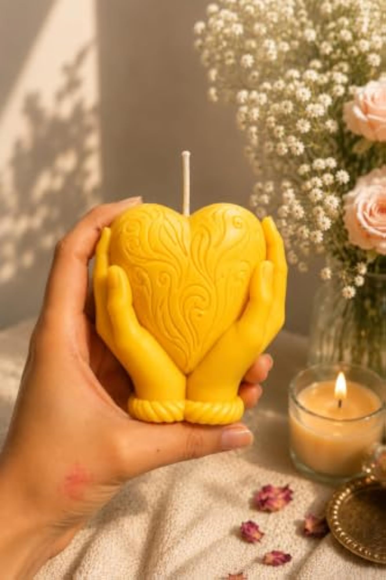 Heart in Hands Shaped Decorative Candle, Yellow
