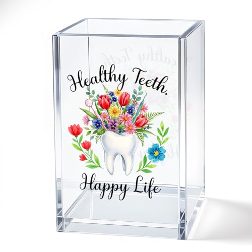 JQYCJTR Healthy Teeth Happy Life Floral Nurse Acrylic Pencil Pen Holder Cup