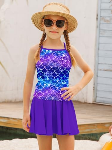 Image of Girls Tankini Swimsuit Mermaid Bathing Suits Criss-Cross Strap Adjustable Summer Beach Two Piece Swimwear Size 4-12