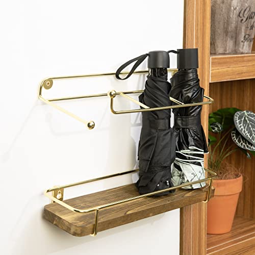 Mygift Wall Mounted Indoor Umbrella Holder Rack With Burnt Wood Base And Brass Metal Wire Frame, 2 Piece #TOP2