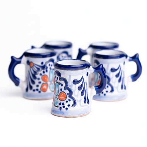 Image of Talavera Shot Glasses Set of 4 Authentic Mexican Tequila Shot Glasses - Hand-painted - 2 Oz (Handle - Blue Floral)