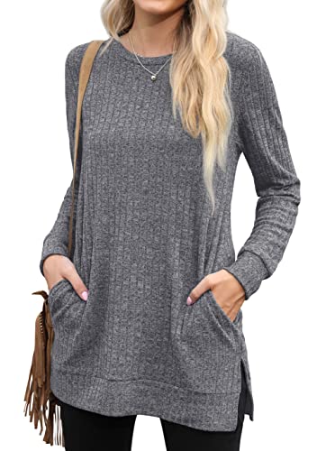 PrinStory Womens Tops Ladies Crew Neck Jumpers Long Sleeve Solid Color Sweatshirts Comfy Causal Pullover With Pockets UK Size 14-16 (Dark Grey, L)