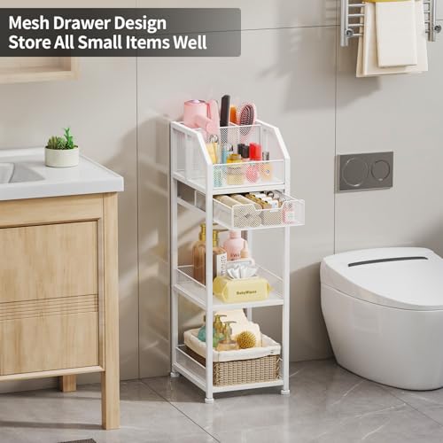 SWTYMIKI 4-Tier Hair Tool Organizer - Bathroom Storage Shelf with Drawer & 3 Grids, Versatile Hair Dryer Holder for Cosmetic Hair Accessories Curling Iron Blow Dryer Straightener, White