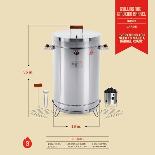 INGRILL Charcoal Grills - Basic 40 lbs - Stainless Steel Smoker Grill 3-in-1 for Cooking & Home BBQ - Portable Vertical Smoker Barrel for Outdoor & Camping - Meat Grill with Thermometer & Accessories