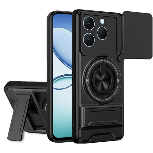 Image of AESTMO Realme 15T 5G / Realme Narzo 90 5G Back Cover | Armor Camera Slider 360 Degree Rotating Finger Ring Holder Case with Bracket Stand Back Case Cover (Compatible with MagSafe Accessories) (Black)