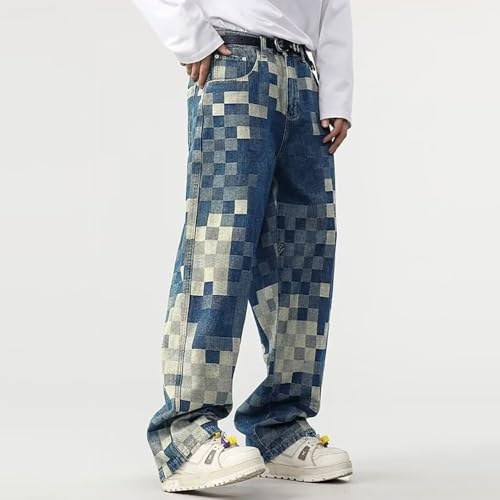 Plus Size Baggy Jeans Men Relaxed Fit Wide Leg Straight Pants,Mosaic Plaid Print Y2K Hip Hop Street Trousers2