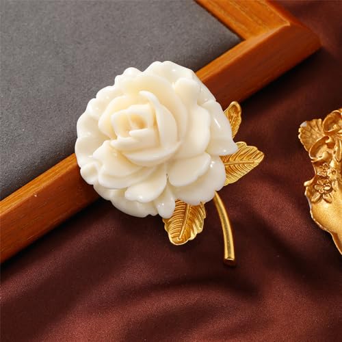 Image of White Rose Flower Brooch Pin for Women Girls Fashion Gold Leaf Resin Blossom Floral Brooches Lapel Corsage Pins Dainty Dress Accessories Wedding Holiday Anniversary Jewelry Gift