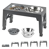 Petace Elevated Dog Bowls with 2 Stainless Steel Dog Food Bowls and 1 Dog Slow Feeder Bowl, 5 Heights Adjustable Raised Dog Bowl for Small Medium Large Dogs, Grey