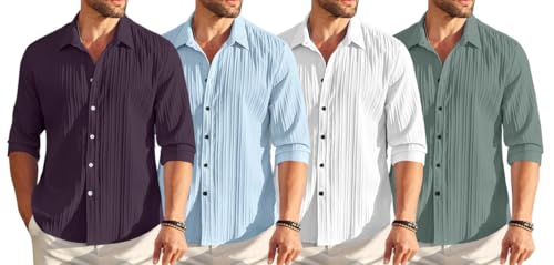 Image of FINIVO FASHION Combo of Men's Casual Cotton Plain Button Down Shirt Long Sleeve Textured Summer Beach Shirt for Men Pack of 4