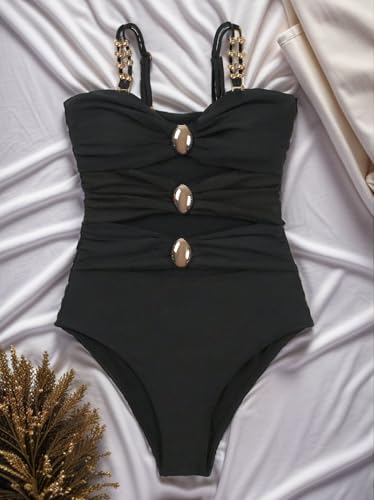 SherryDC Women's Cutout One Piece Swimsuit Bandeau Ruched Color Block High Waisted Bathing Suit with Removable Straps4