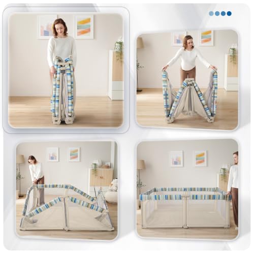 Image of Sweeby Baby Playpen, 79x71 Inch Baby Gate Playpens for Babies and Toddlers, Extra Large Playpen with Door Play Yard for Fence Indoor and Outdoor Play Pen, Khaki Stripe