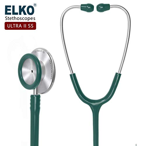 Image of ELKO EL-140 ULTRA II SS Stainless Steel Acoustic Stethoscope | For Doctors, Medical Students & Healthcare Professionals | Dual Head Chestpiece | 5.5mm Brass Pipe Frame | U-Shaped PVC Tubing (Green)