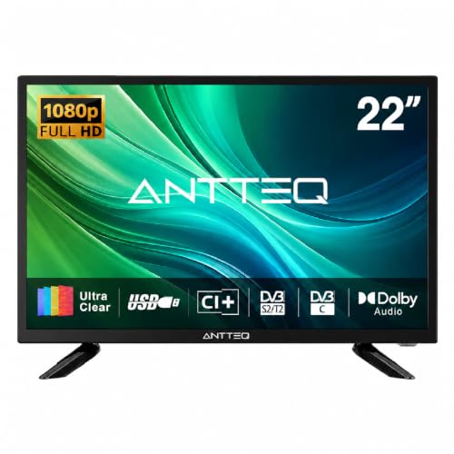 Antteq 22 Inch TV FHD Full HD 1080P Television Freeview DVB-T2-C-S2 Dolby Digital Audio LED Backlighting Display HDMI VGA PC Audio SCART USB Record Media Player Small Screen for Lounge Kitchen