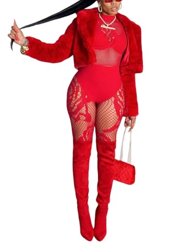 Dewinya Women's Sexy Fishnet Seamless 2 Piece Outfits Mock Neck Long Sleeve Crop Top Legging Set Club Lingerie Sets Red OS