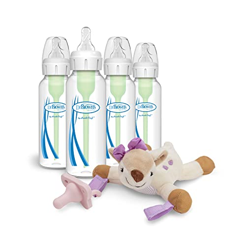 Image of Dr. Brown’s Natural Flow® Anti-Colic Options+™ Narrow Baby Bottles 8 oz/250 mL, with Level 1 Slow Flow Nipple, 4 Pack & Deer Lovey with HappyPaci Pacifier, 0m+