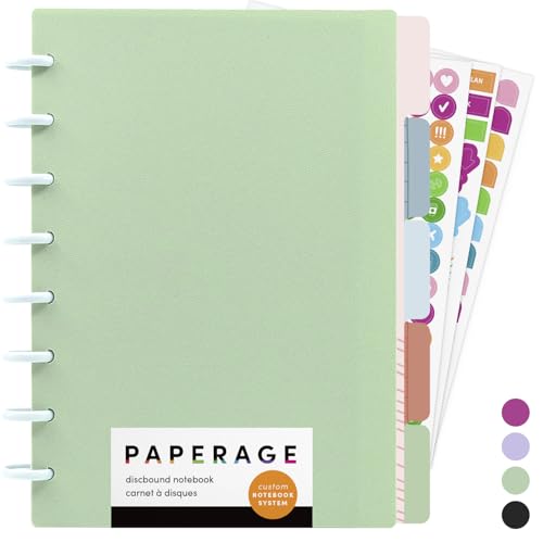 PAPERAGE Customizable Discbound Notebook 114 Pages All-in-One 8-Disc Refillable Spiral Journal with Removable Pages 12-Month Undated Calendar Dividers & Stickers (Sage) 8.7 in x 6.6 in