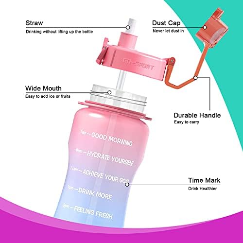 2 Litre Motivational Water Bottle with Straw and Time Marker, BPA Free Half Gallon Water Jug with Handle, Large Leakproof Bottles for Gym Fitness Outdoor Sports, Flip Top, Tritan Plastic (Pink & Blue)