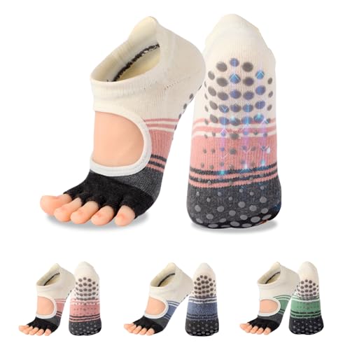 Toeless Pilates Socks with Grips for Women, Yoga Socks Barre Socks for Women Non Slip, Cotton, Multi-colored, Great Gifts For Dancers, (Alpha), One Size, Regular, 3pair (Blue Pink Green)