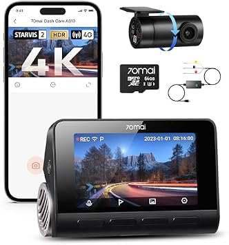 70mai Dash Cam 4K A810 Front and Rear 64GB & UP06 Parking Surveillance Cable